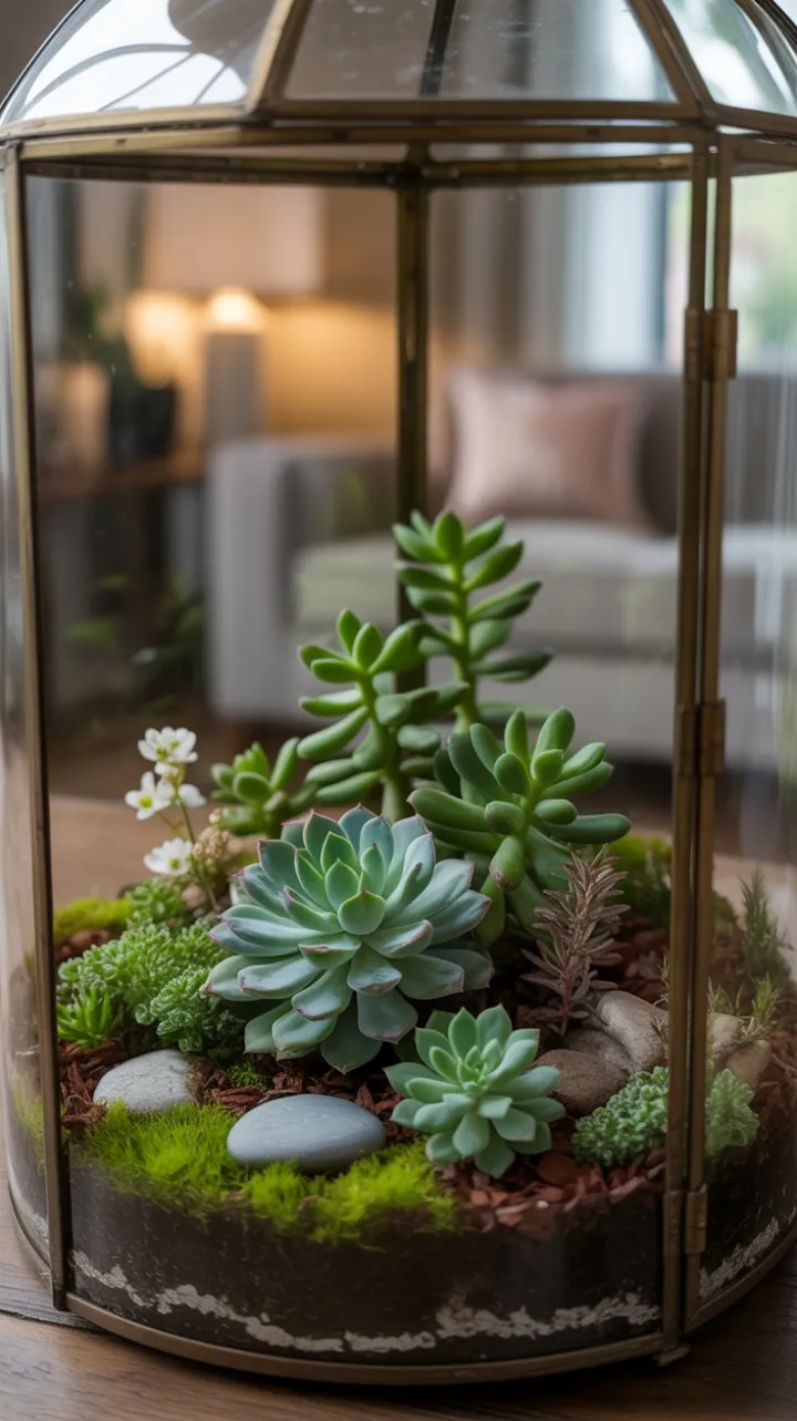 Sunlit Vintage Terrarium of Jade Succulents and Moss