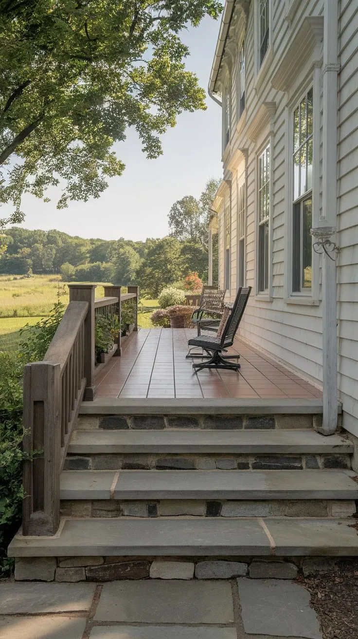 Charming Tile Porch with Stone Steps and Scenic Views