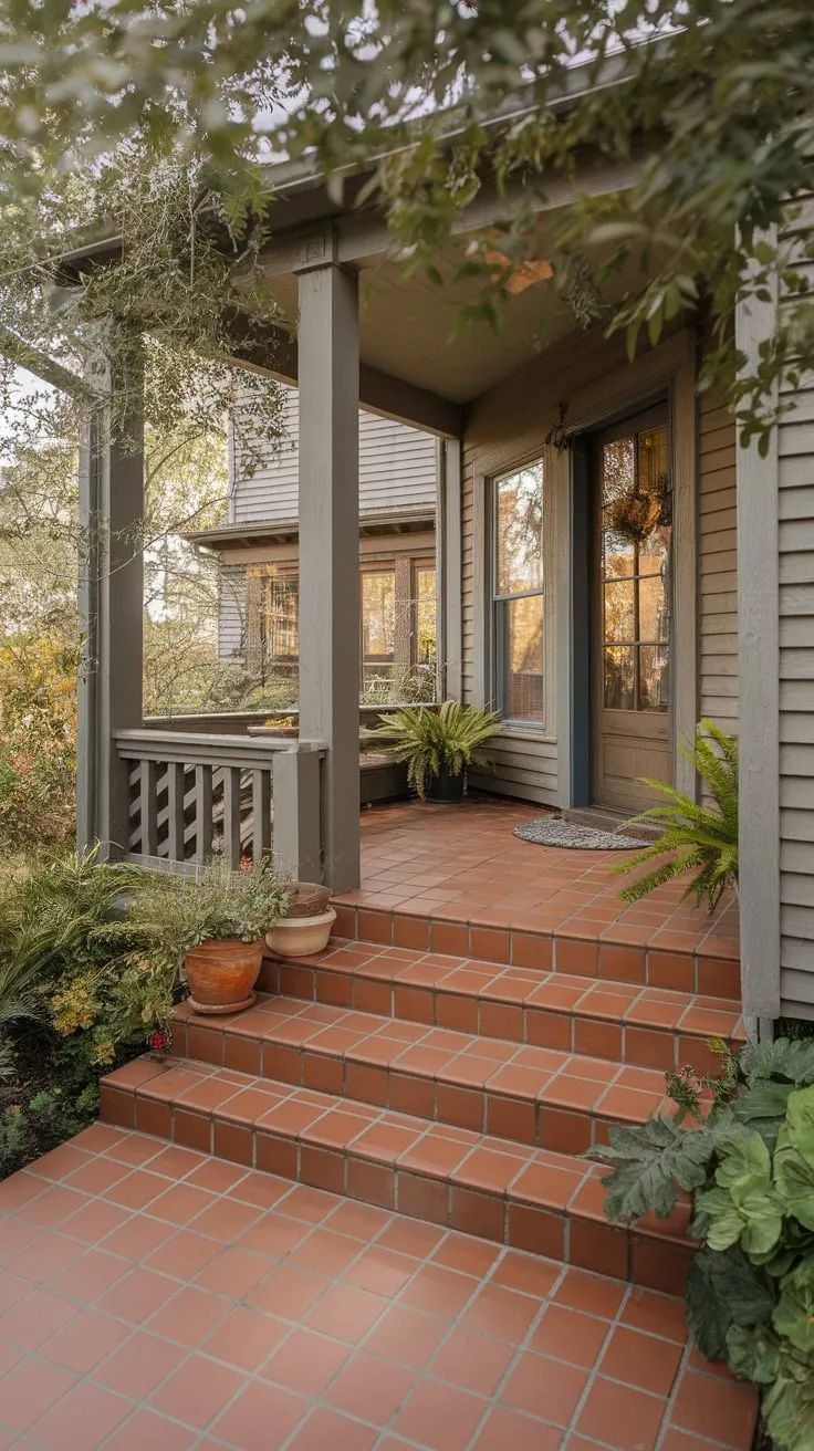 Inviting Tile-Floored Porch Surrounded by Greenery