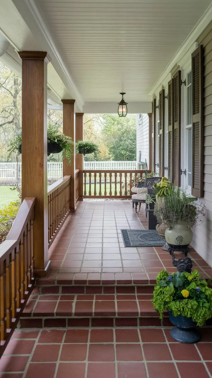 Charming Tiled Front Porch with Lush Surroundings