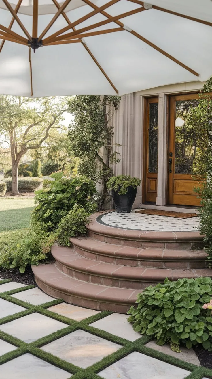 Inviting Front Porch with Lush Greenery and Tile Elegance