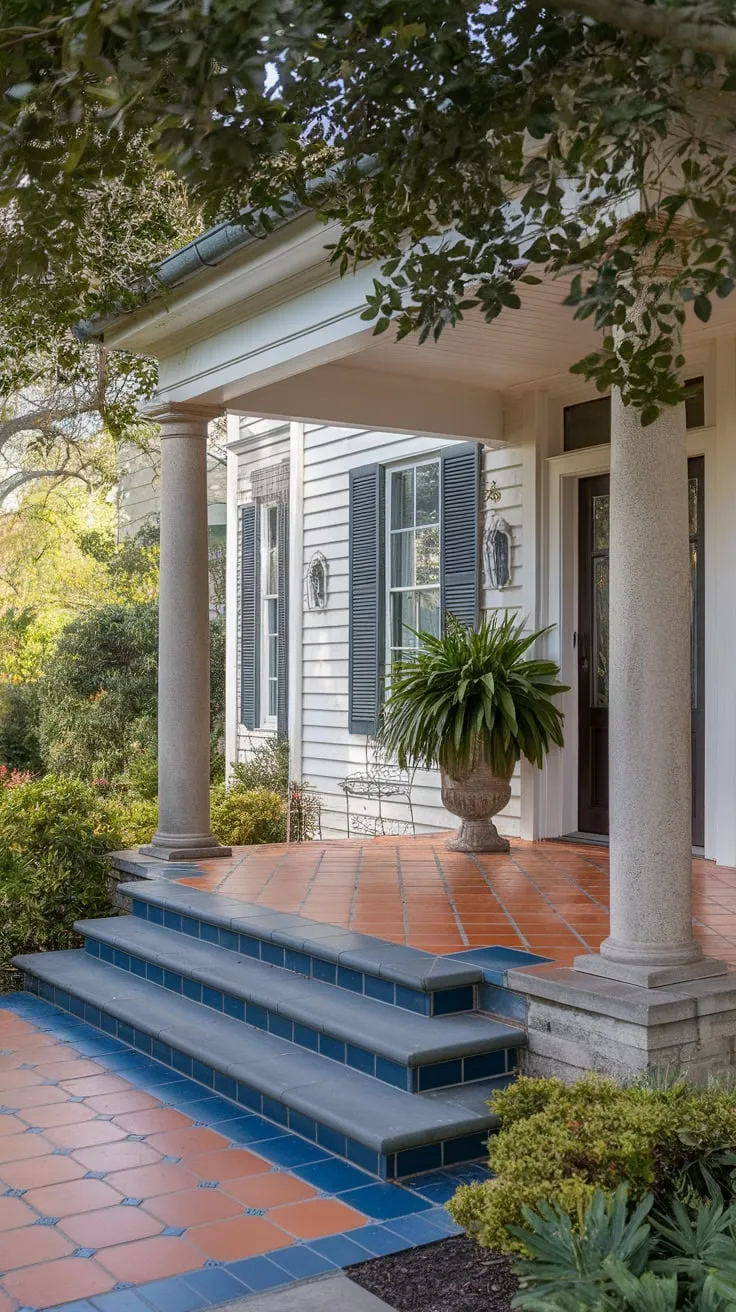 Inviting Tile Entrance with Lush Greenery