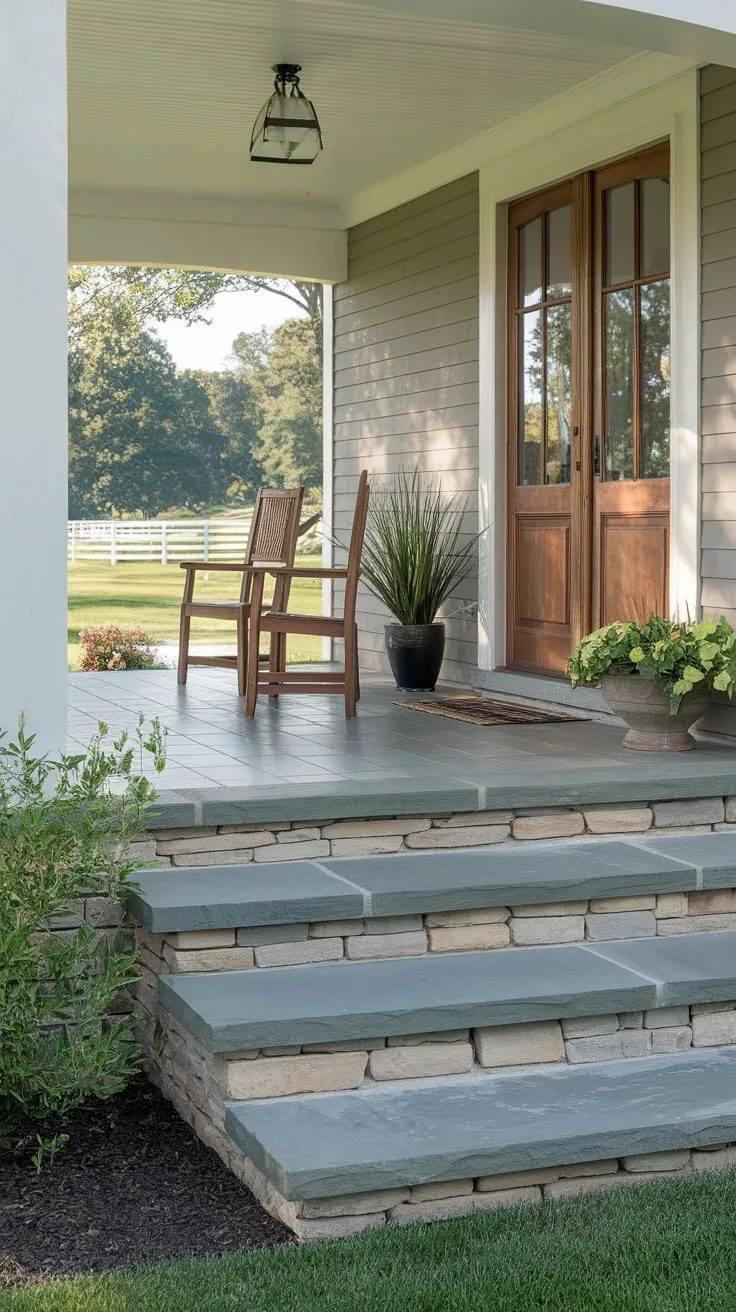Inviting Front Porch Oasis with Tile and Greenery