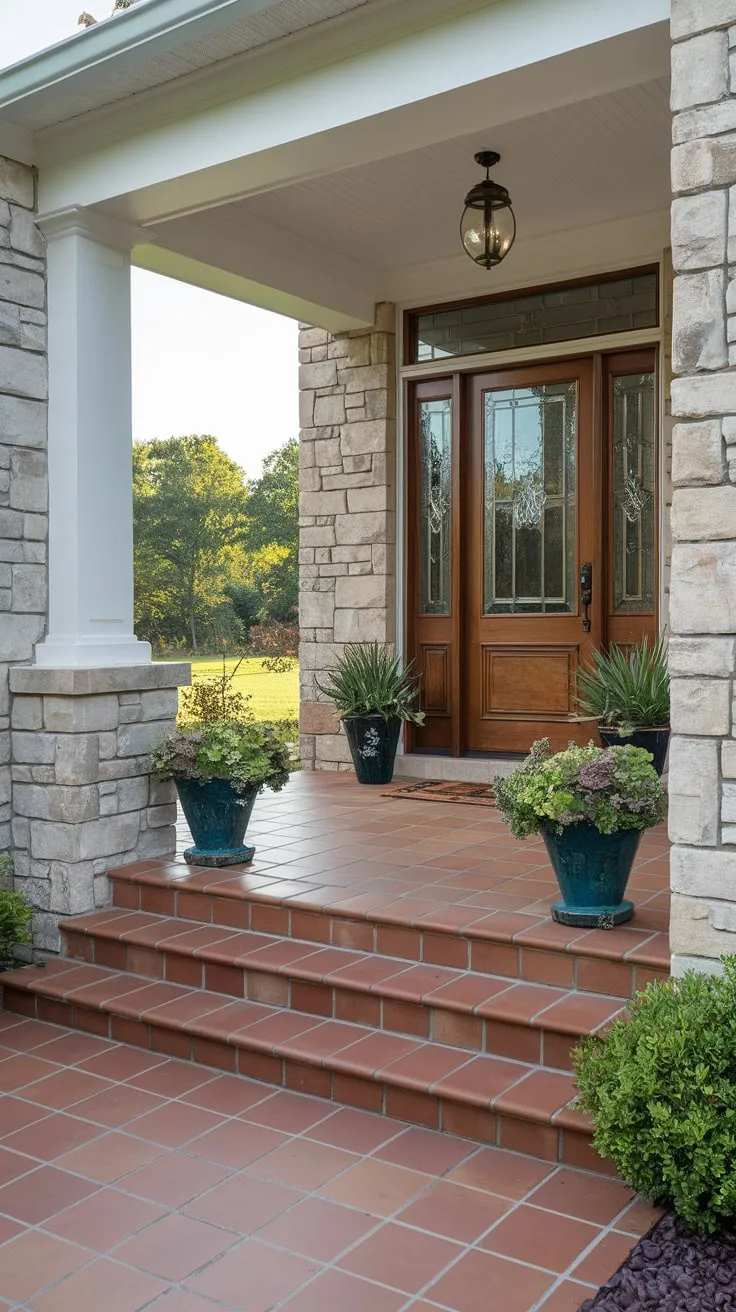 Charming Tiled Porch with Stone Pillars and Lush Surroundings