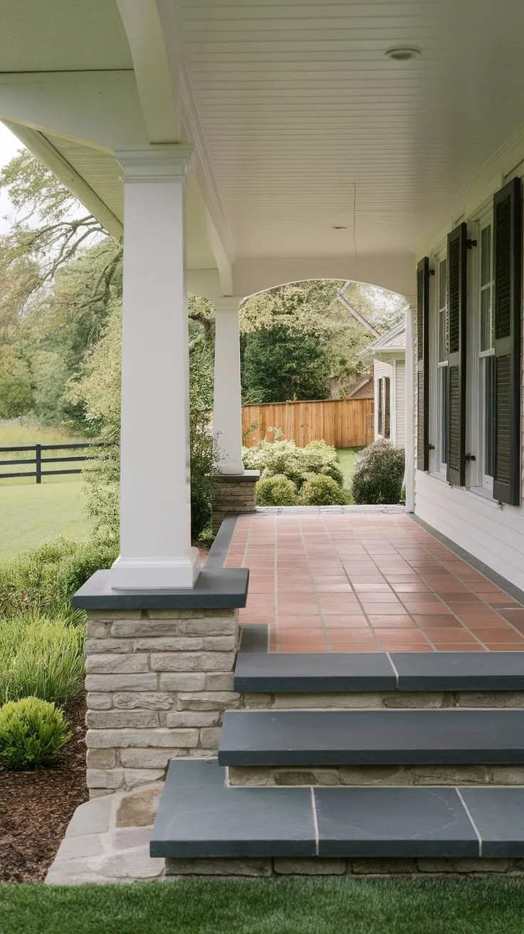 Charming Tiled Front Porch with Stone Accents