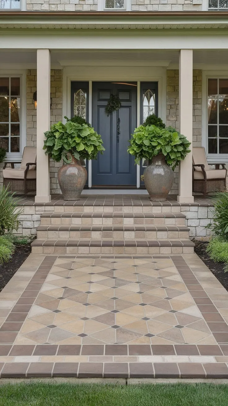 Stylish Front Porch with Eye-Catching Tile Design