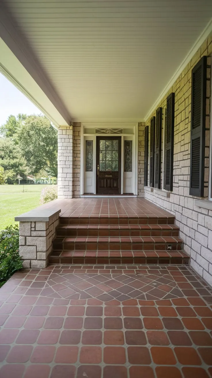 Charming Tiled Front Porch with Stone Accents