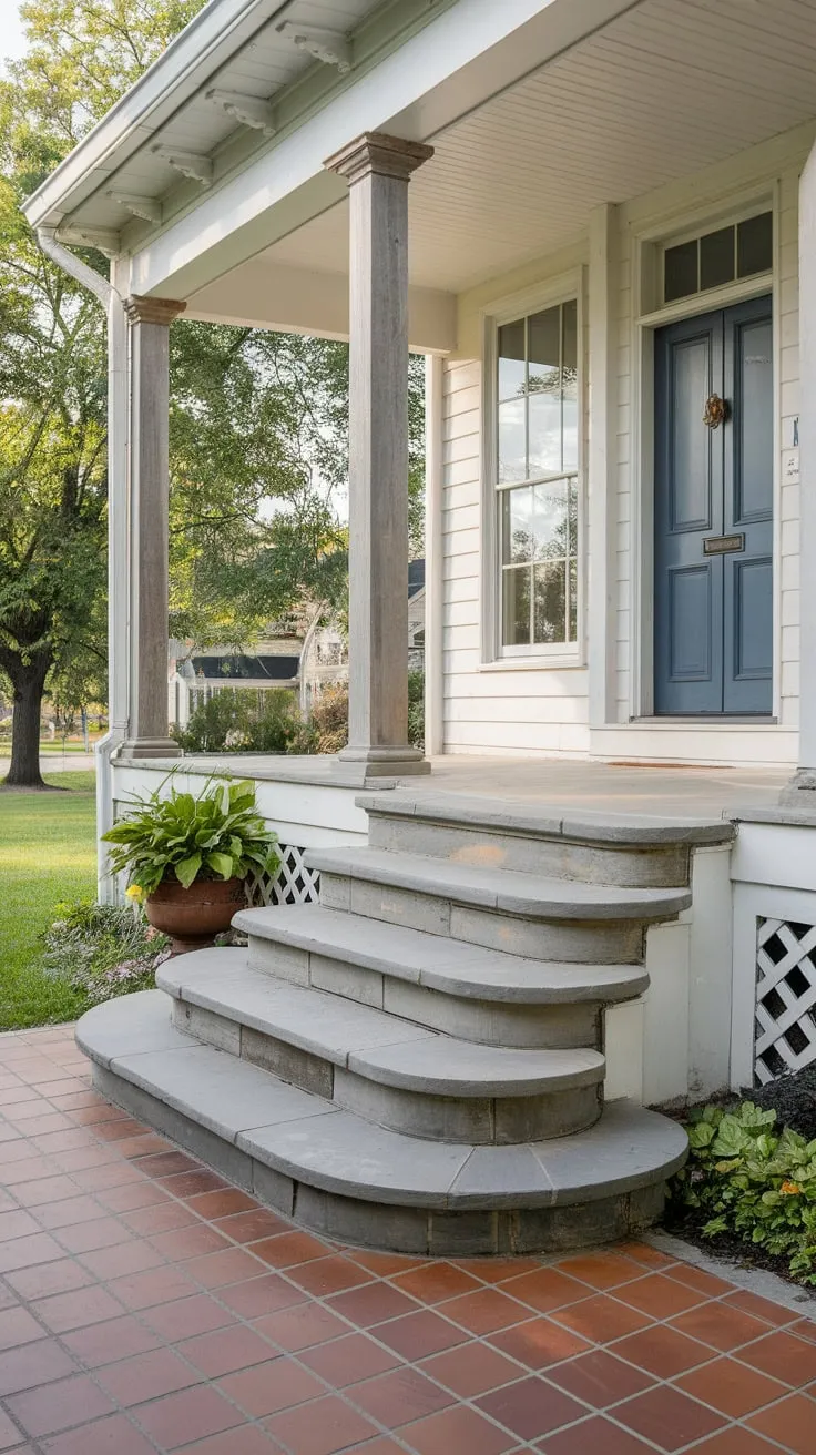 Inviting Front Porch with Stylish Tile and Lush Greenery