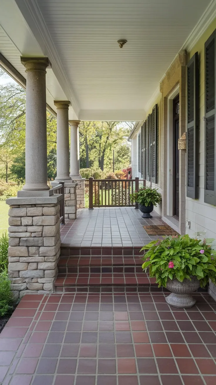 Charming Tiled Front Porch with Stone Accents