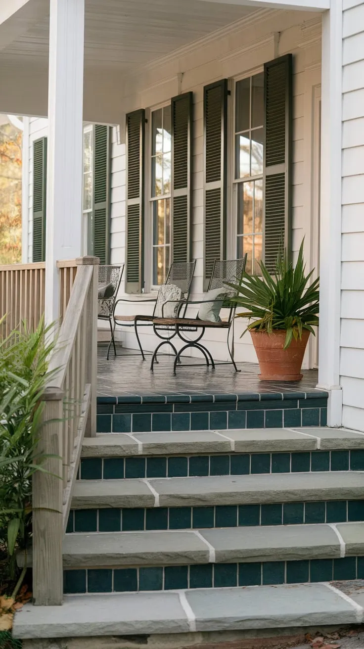 Serene Front Porch Oasis with Tile and Green Accents