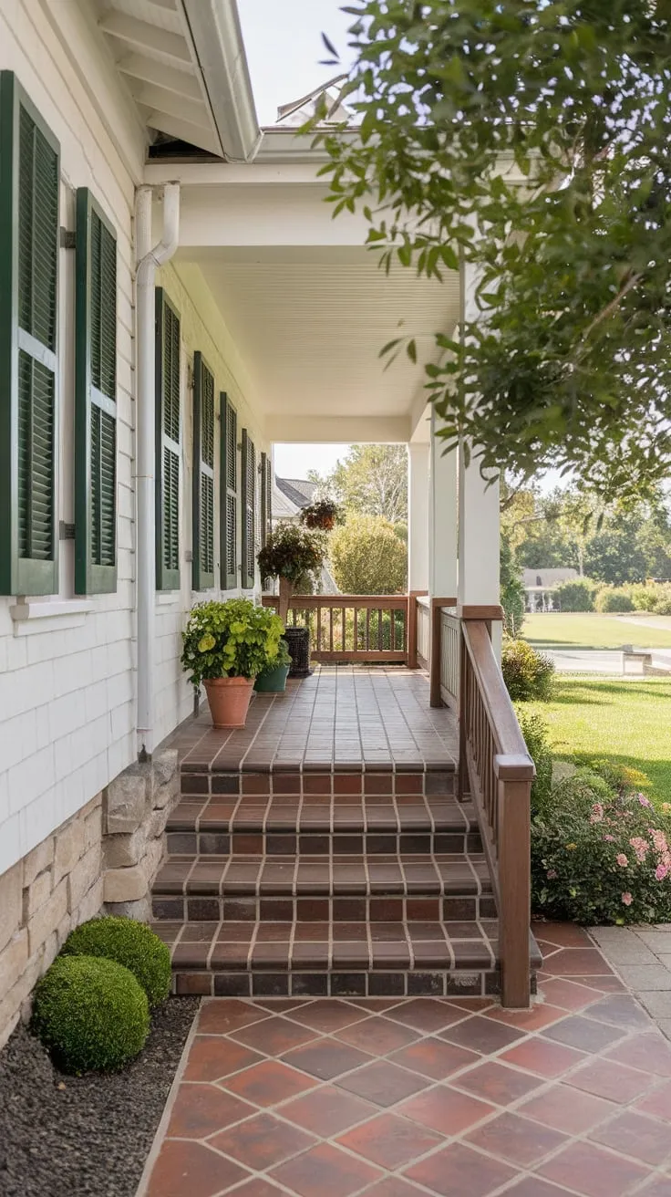 Traditional Porch with Stone Tiles and Lush Greenery