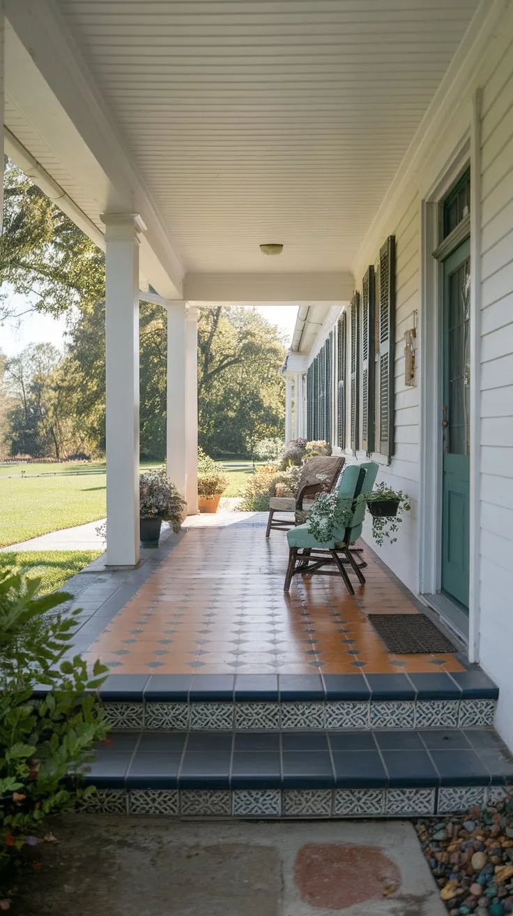 Charming Tiled Front Porch with Green Door
