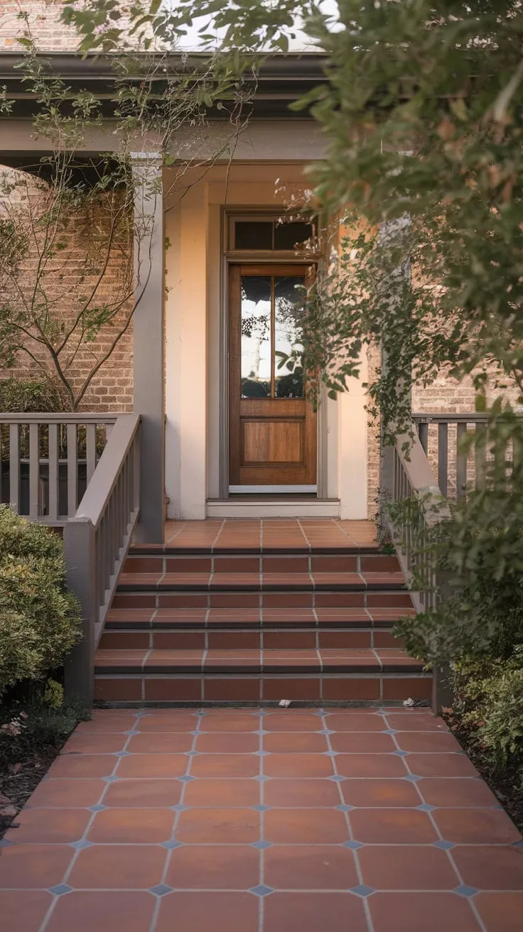Charming Tiled Porch Entrance with Lush Surroundings