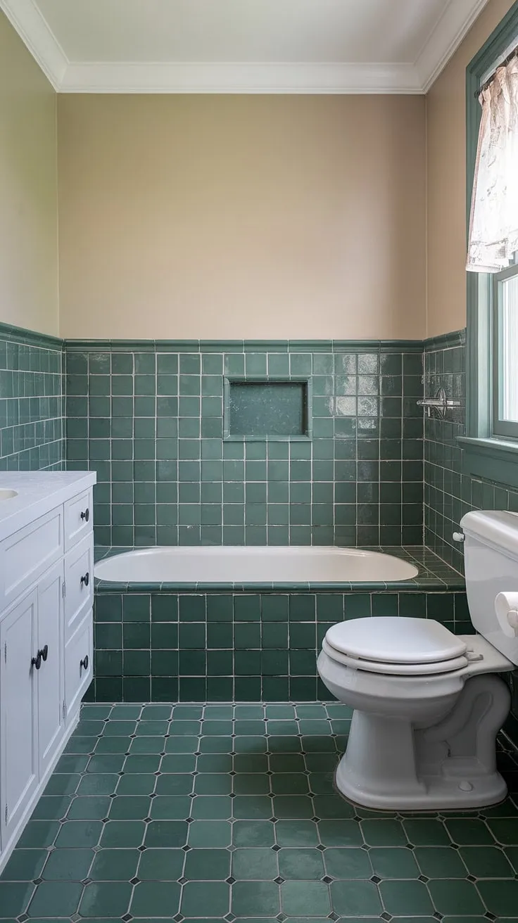 A refreshing take on bathroom design! This green tile bathroom features eye-catching green tile wainscoting and coordinating green tile bathroom floor tiles. White tile trim adds a touch of elegance, while the beige upper walls maintain a sense of spaciousness. The white fixtures complete the look, creating a bright and inviting atmosphere.