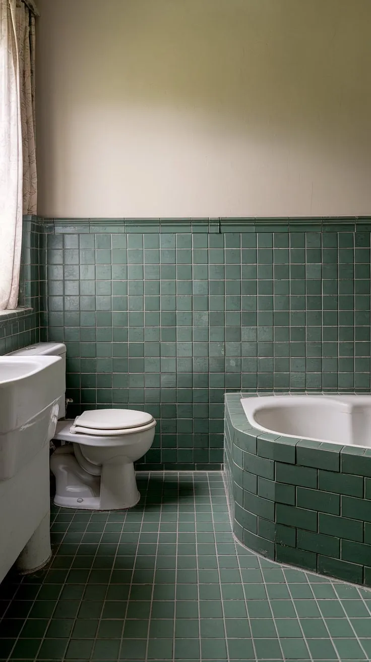 A green tile bathroom transformed! The green tile wainscoting and matching bathroom floor tiles add a touch of retro sophistication. The tile trim perfectly complements the overall design, creating a truly unique space.