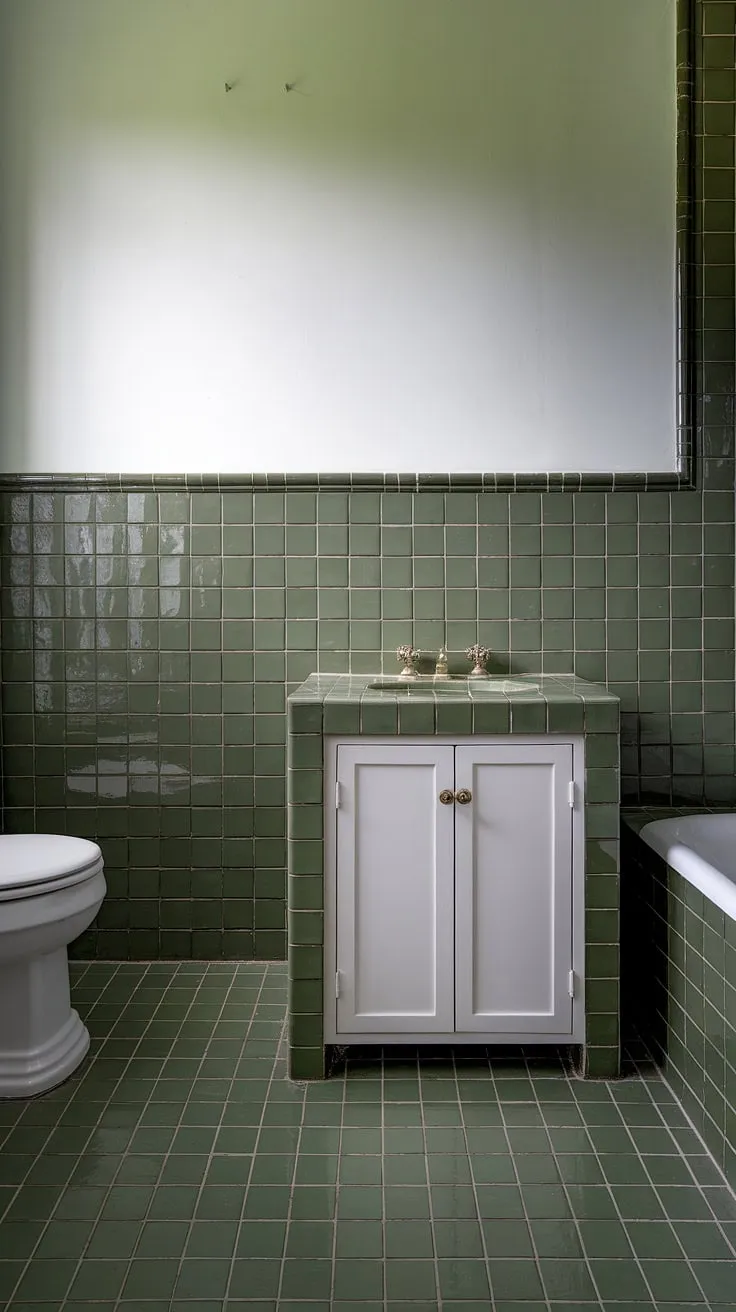 This serene green tile bathroom boasts stunning green bathroom tiles used for both the eye-catching tile wainscoting and the bathroom floor tiles. The green tile extends halfway up the walls, creating a vibrant yet calming contrast with the crisp white upper walls and fixtures. Subtle tile trim accents the floor and ceiling, completing the sophisticated design.