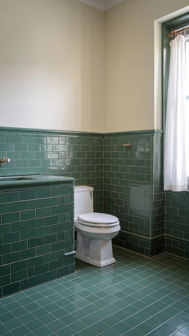 A fresh take on classic style: this tile wainscoting bathroom boasts stunning green bathroom tiles, from the floor tiles up the walls in a beautiful half-height design. The green tile adds a touch of nature to this bright and airy space.