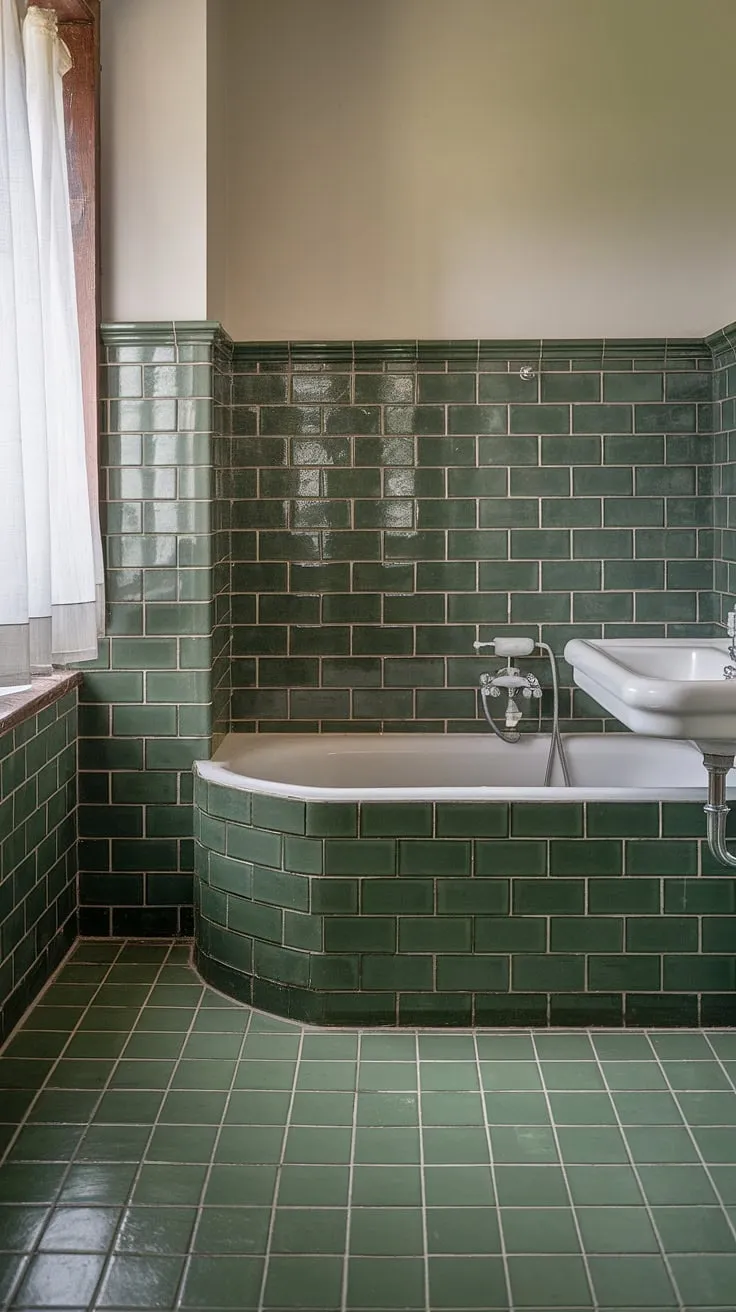 This serene green tile bathroom boasts stunning green bathroom tiles used for both the tile wainscoting and bathroom floor tiles, creating a cohesive and calming space. The white fixtures, including the bathtub and sink, provide a beautiful contrast against the rich green tile. A simple window with a curtain completes the tranquil atmosphere. The meticulous tile trim adds a touch of elegance.