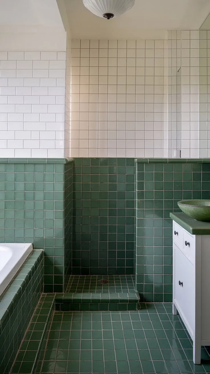 Sublime serenity in this green tile bathroom. The tile wainscoting adds a touch of classic elegance, complemented by the textured bathroom floor tiles and a pop of green from the sink.