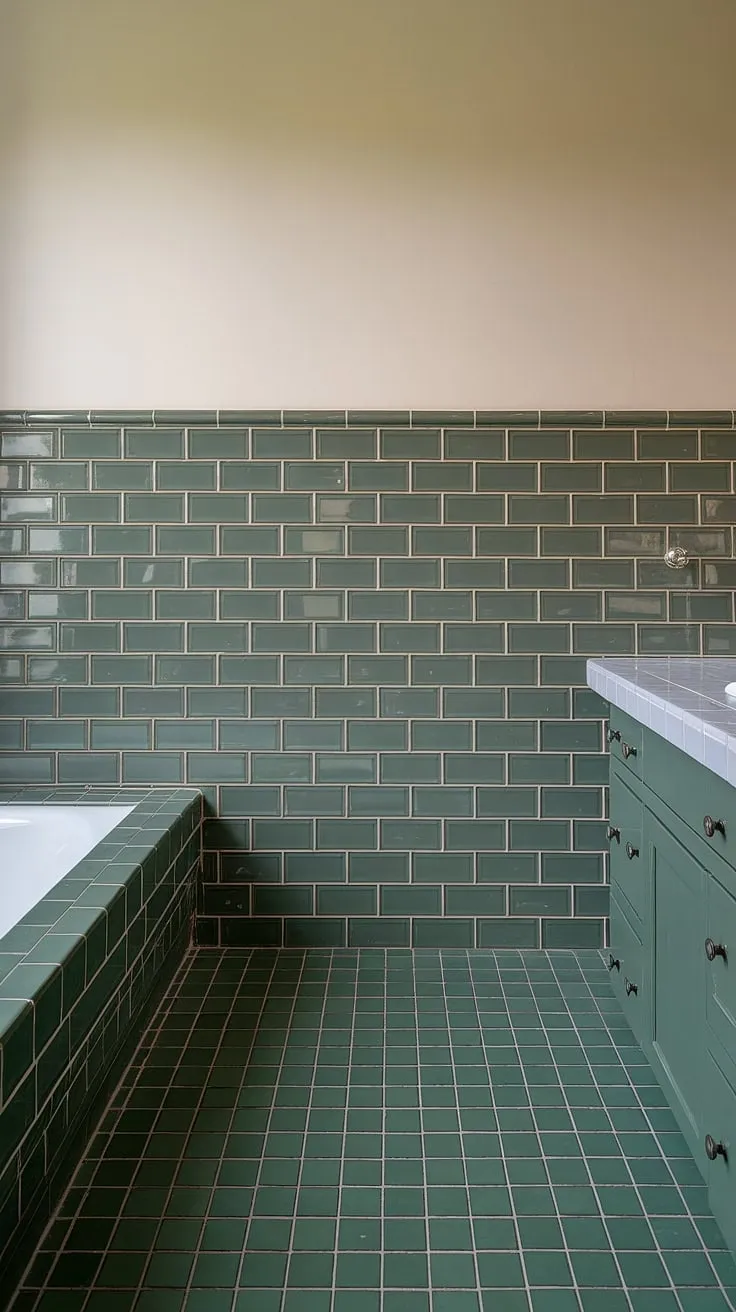 The green tile is the star of this bathroom, with the green tile wainscoting and bathroom floor tiles creating a refreshing and unified design. White tile trim accentuates the green tile, while beige walls above add warmth. The overall effect is a stylish and inviting green tile bathroom.