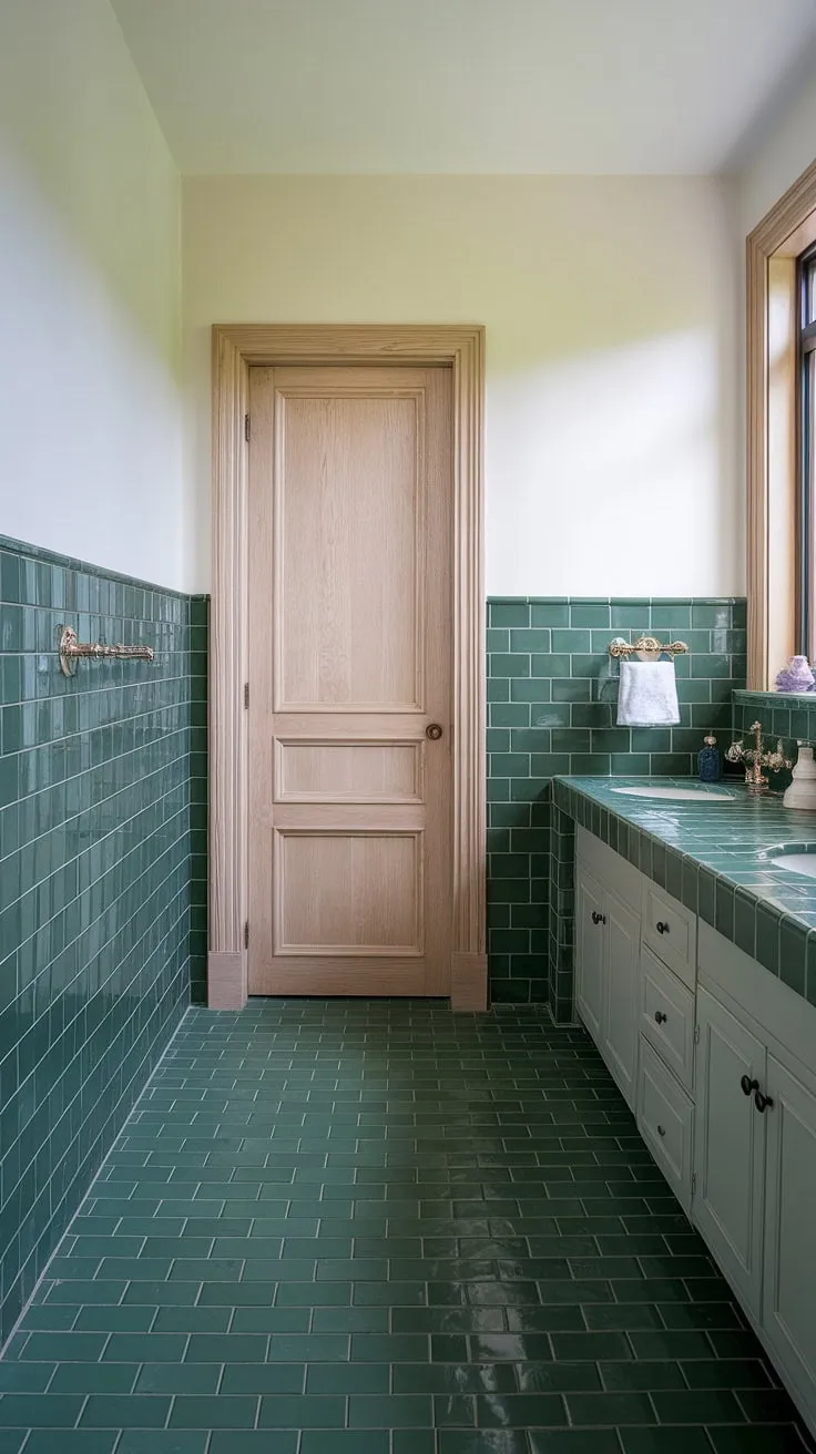 A refreshing escape awaits in this green tile bathroom. The vibrant green tile is beautifully showcased in the striking tile wainscoting that extends to the white walls, creating a seamless transition to the matching green tile bathroom floor. A white vanity and a window near the door complete the calming atmosphere.