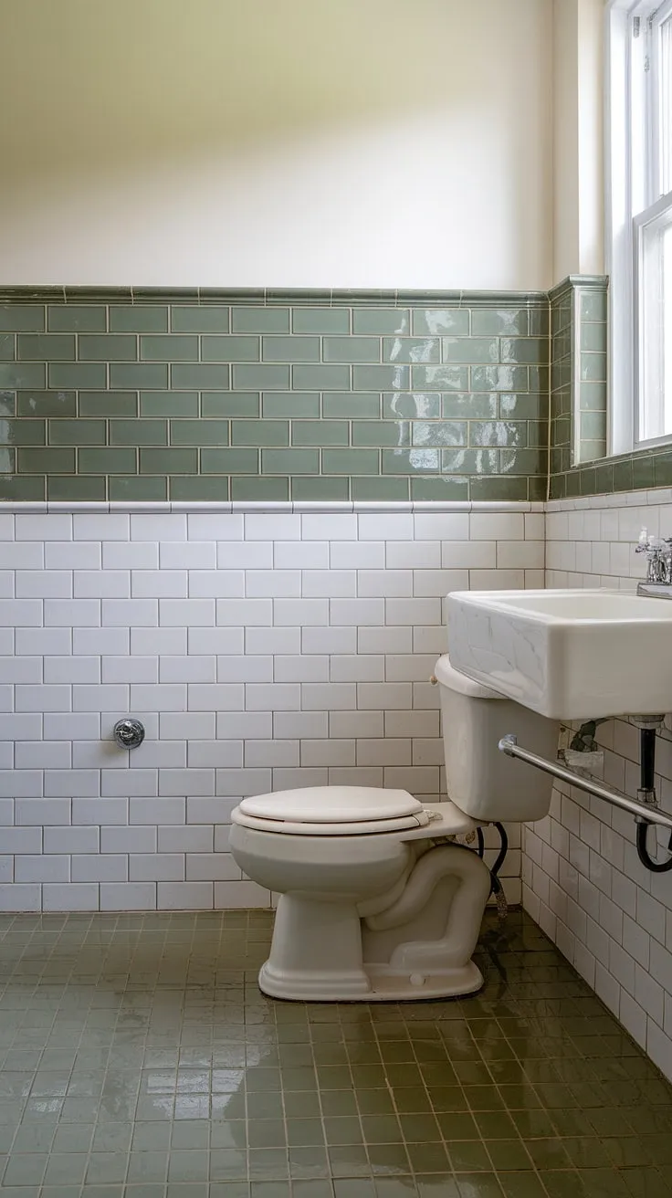 This green tile bathroom boasts a charming tile wainscoting design. The upper walls are adorned with vibrant green bathroom tiles, creating a focal point, while the lower walls and bathroom floor tiles remain a clean, white. The subtle green tile trim adds a touch of sophistication to this bright and functional space.