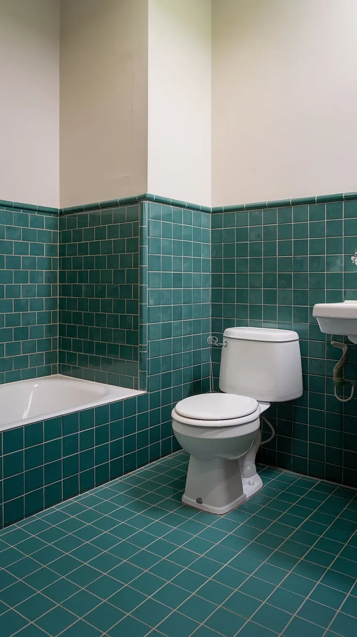 A refreshing escape awaits in this green tile bathroom. The rich green tile wainscoting, reaching the midpoint of the walls, adds a touch of elegance, contrasted beautifully by the white upper tile trim. The bathroom floor tiles mirror the wall's vibrant green, creating a unified and calming space.