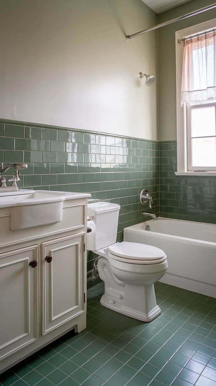This green tile bathroom boasts elegant tile wainscoting, showcasing the beauty of green tile and complementing the white vanity and fixtures. Notice the perfect bathroom floor tiles and subtle tile trim detail.