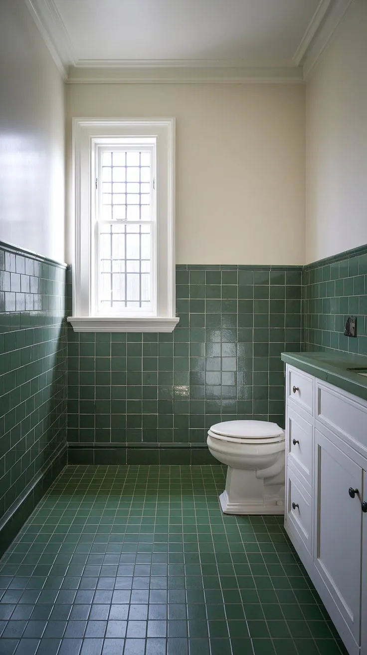 A fresh take on classic style: this tile wainscoting bathroom boasts stunning green tile, from the floor tiles up the walls, all perfectly framed by clean white tile trim. A green tile bathroom dream.