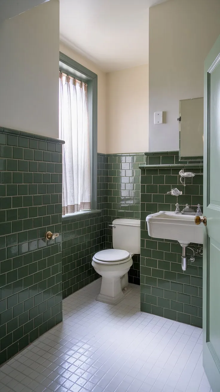 This green tile wainscoting bathroom is a refreshing escape. The vibrant green tile adds a pop of color against the crisp white walls and bathroom floor tiles, creating a stylish and serene space. The tile trim perfectly complements the green tile.
