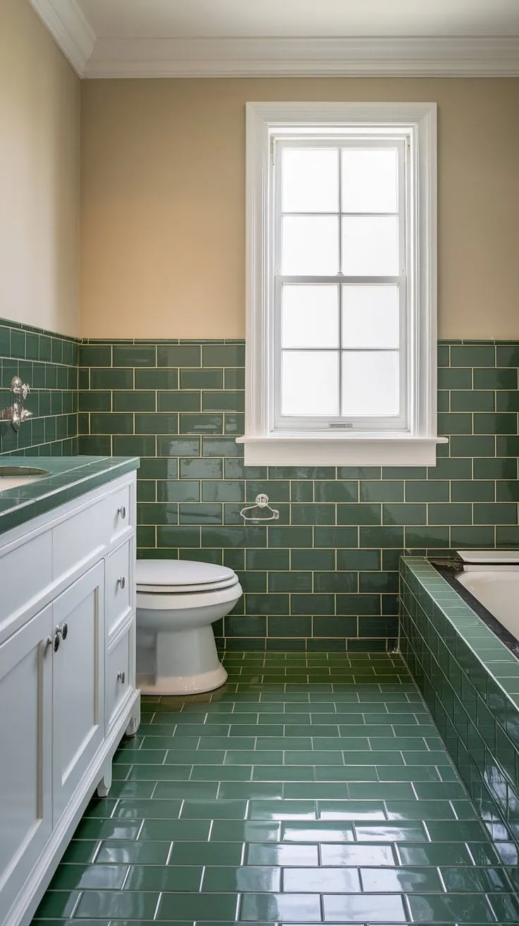This serene green tile bathroom boasts stunning green bathroom tiles in a charming tile wainscoting design that extends halfway up the walls. The green tile floor, accented with a crisp white tile trim, complements the beige upper walls and white fixtures, creating a balanced and refreshing space.