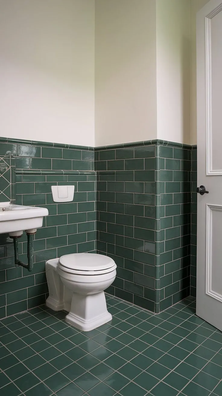 A fresh take on classic style: this tile wainscoting bathroom features rich green tile, from the eye-catching bathroom floor tiles to the elegant green tile backsplash. The white tile trim adds a touch of sophistication.