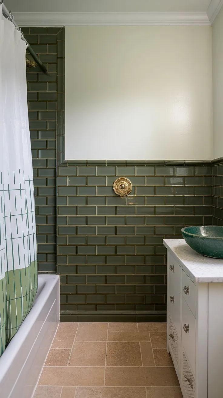 This serene green tile bathroom boasts charming green bathroom tiles in a stylish tile wainscoting design, complemented by a crisp white upper wall and beige bathroom floor tiles. The green tile adds a pop of color, while the white vanity and bathtub maintain a clean, airy feel. The subtle green tile trim adds a touch of elegance.