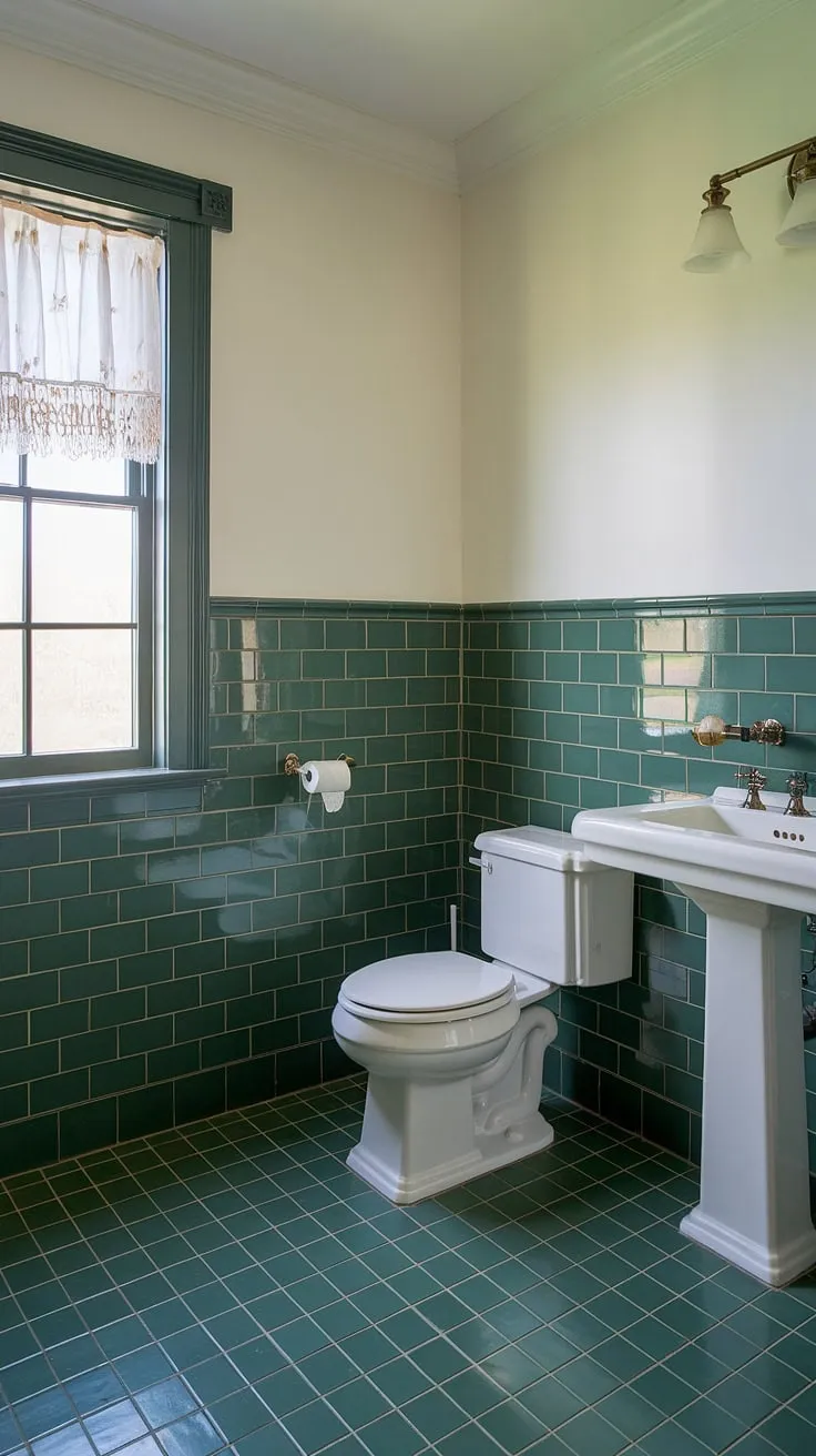 A refreshing take on bathroom design! This green tile bathroom features eye-catching green tile wainscoting and coordinating bathroom floor tiles. The green tile adds a pop of color, while the white walls and fixtures maintain a clean and spacious feel. The tile trim perfectly complements the overall design, creating a cohesive and stylish green tile bathroom.