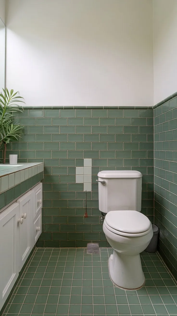 A green tile bathroom dreams are made of. The stunning green bathroom tiles and eye-catching tile wainscoting, finished with elegant tile trim, transform this space into a tranquil oasis.