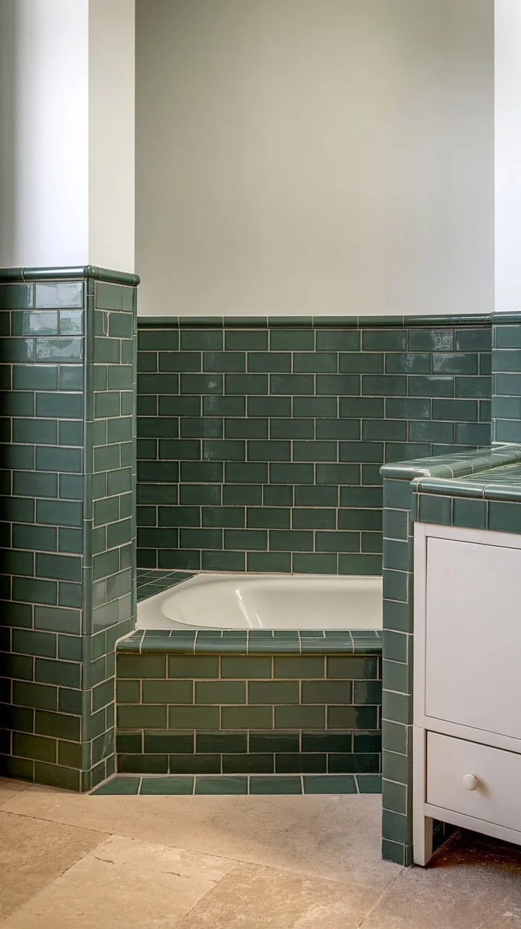 A fresh and inviting green tile bathroom design features eye-catching green tile wainscoting, adding a touch of nature to the space. The green tile extends to the beige bathroom floor tiles, while the upper walls remain a clean white. A white bathtub and vanity with a green countertop sit against the green tile, creating a stylish contrast. Subtle white tile trim neatly finishes the wainscoting.