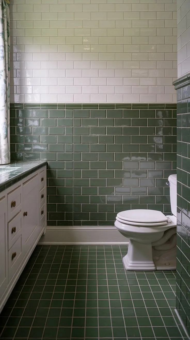 A serene retreat: This tile wainscoting bathroom features beautiful green tile, creating a calming atmosphere. The green tile bathroom design is elevated by the white upper walls and the coordinating bathroom floor tiles. A perfect blend of style and functionality.