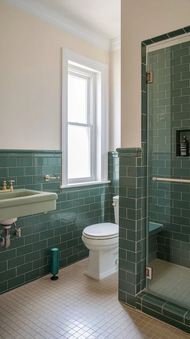 Green tile wainscoting elevates this green tile bathroom to a spa-like retreat. Notice the elegant tile trim and the calming effect of the green tile against the white walls and beige bathroom floor tiles.