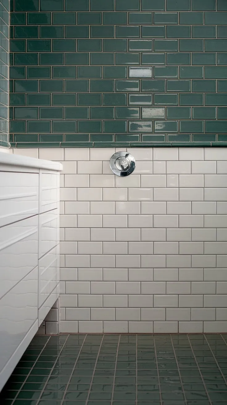 A fresh take on classic style: this tile wainscoting bathroom boasts gleaming green bathroom tiles above crisp white bathroom floor tiles and a subtle tile trim.