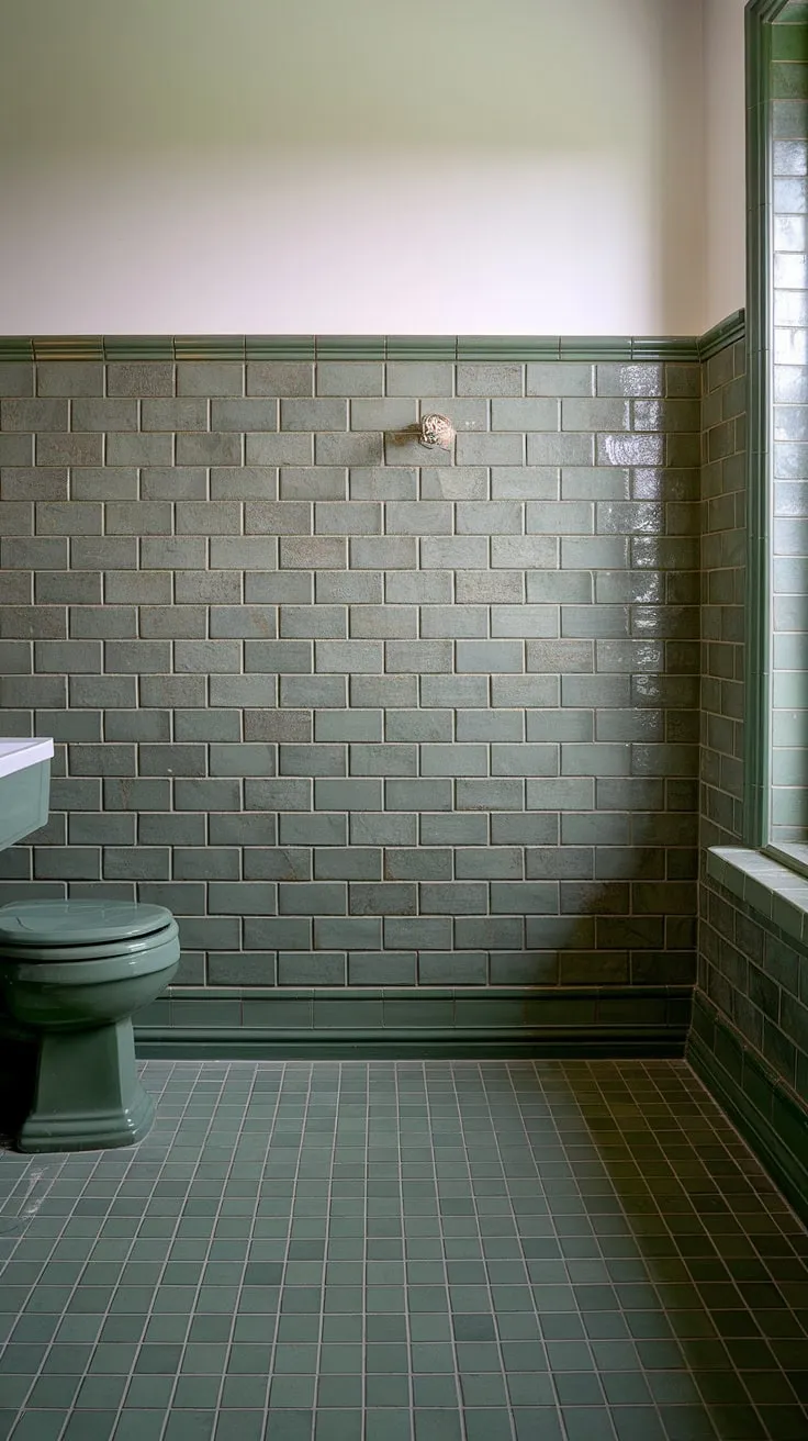 This green tile bathroom boasts stunning tile wainscoting that runs almost to the ceiling. The rich green bathroom tiles, from floor to wainscoting, are beautifully accented by the white grout and tile trim, making it a truly captivating space.