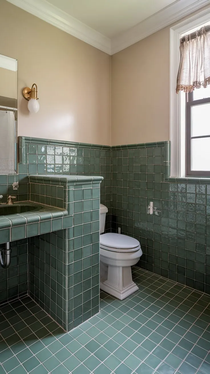 The rich green tile is the star of this bathroom, showcasing both green tile bathroom wainscoting and coordinating bathroom floor tiles. The textured square design of the green tile adds depth and character, while the white tile trim provides a clean contrast. A white sink with a green bowl and subtle lighting complete the serene atmosphere of this delightful green tile bathroom.