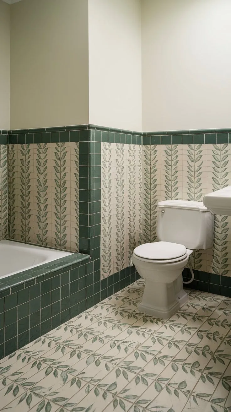 Serene green tile bathroom featuring stunning tile wainscoting that extends to the matching bathroom floor tiles. The green tile adds a touch of nature, complemented by crisp white fixtures and tile trim.