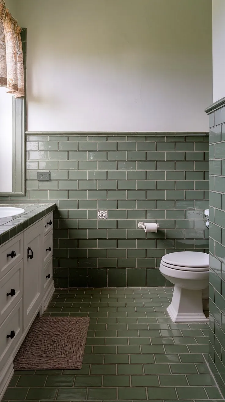 A serene green tile bathroom retreat. Notice the beautiful tile wainscoting, extending from the bathroom floor tiles to create a charming focal point. The rich green tile adds a touch of nature's calm.