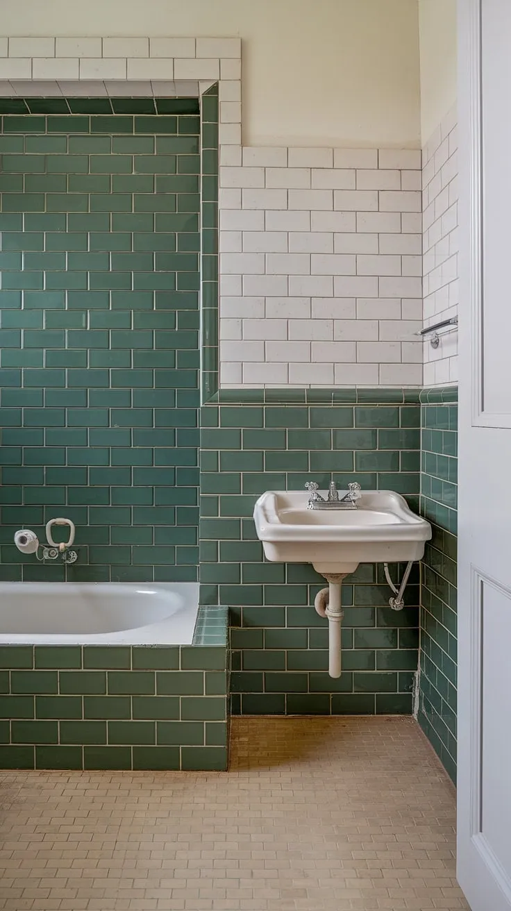 A serene green tile bathroom features stunning green bathroom tiles in a wainscoting design, adding a touch of nature's tranquility. White tile trim accentuates the green, and the beige bathroom floor tiles ground the space. The white fixtures and green tile wall behind the tub complete this beautifully coordinated bathroom.