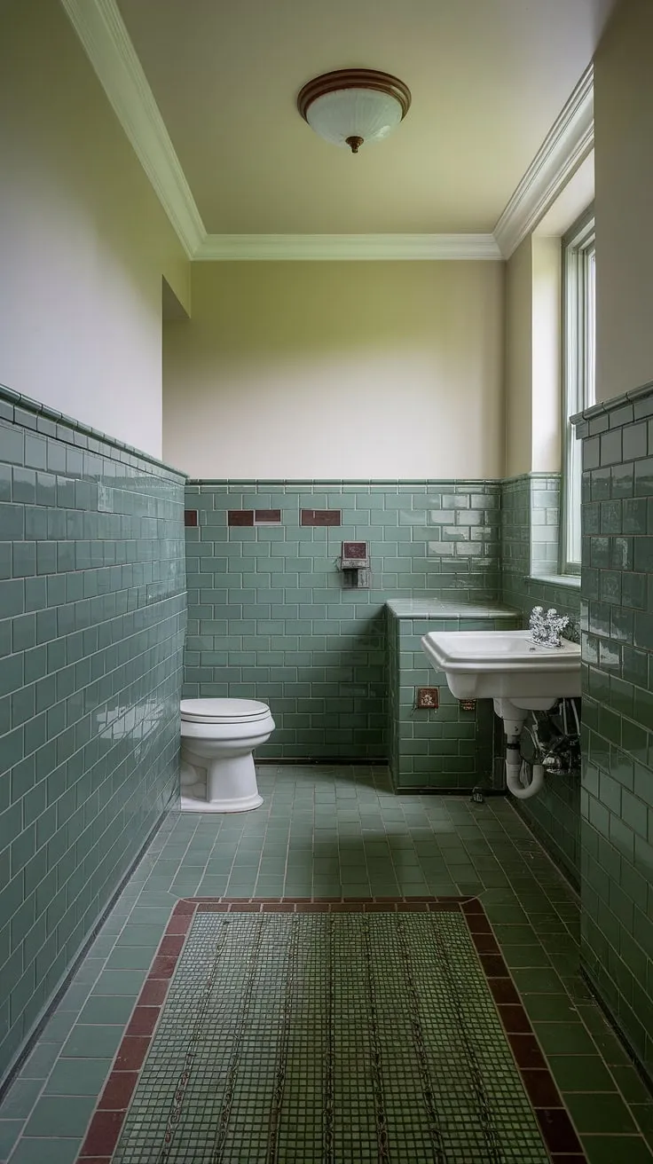 A refreshing escape awaits in this green tile bathroom. The bathroom floor tiles showcase a captivating green tile design, perfectly paired with the rich green tile wainscoting. Subtle tile trim accentuates the walls, creating a cohesive and stylish space. The white fixtures complete the look.