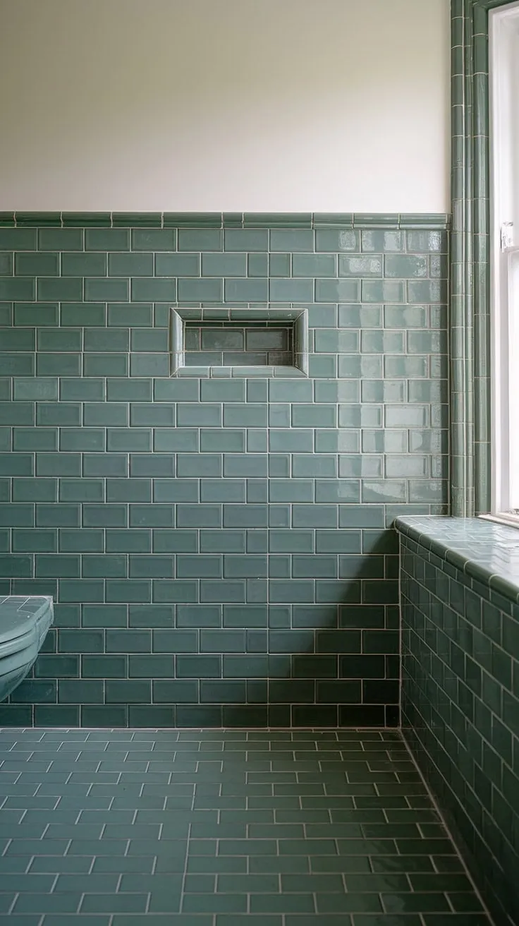 The soothing green tile bathroom boasts beautiful green bathroom tiles in a subtle pattern, used for both the eye-catching tile wainscoting and the bathroom floor tiles. White tile trim adds a touch of brightness to this tranquil space.