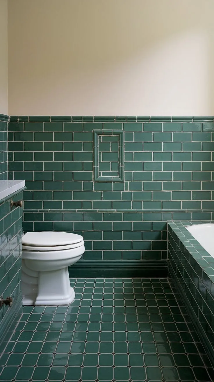 This serene green tile bathroom boasts stunning green bathroom tiles in a charming tile wainscoting design that extends halfway up the walls, finished with crisp white tile trim. The matching bathroom floor tiles complete the look, while the beige upper walls and white fixtures maintain a clean and airy feel.
