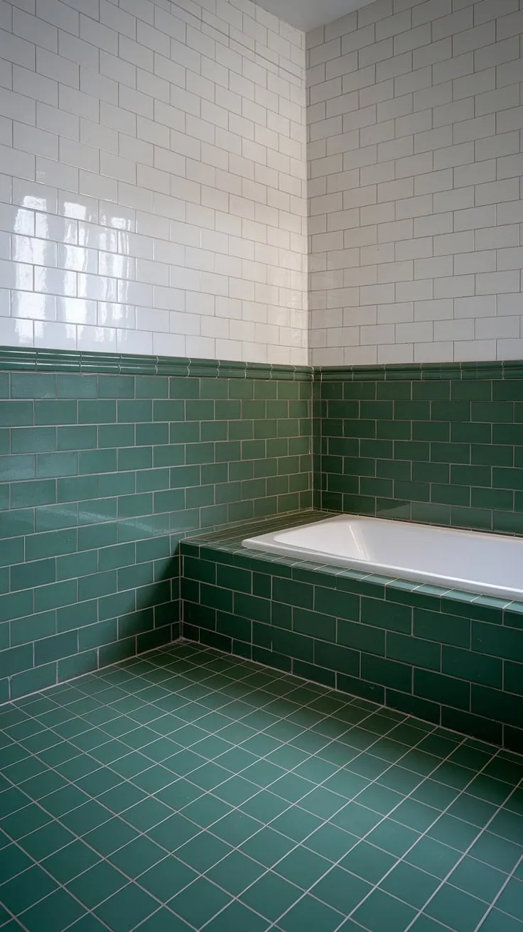 Step into serenity with this stunning tile wainscoting bathroom. The rich green bathroom tiles and crisp white trim create a spa-like retreat. Notice the beautiful green tile bathroom floor tiles and detailed tile trim.
