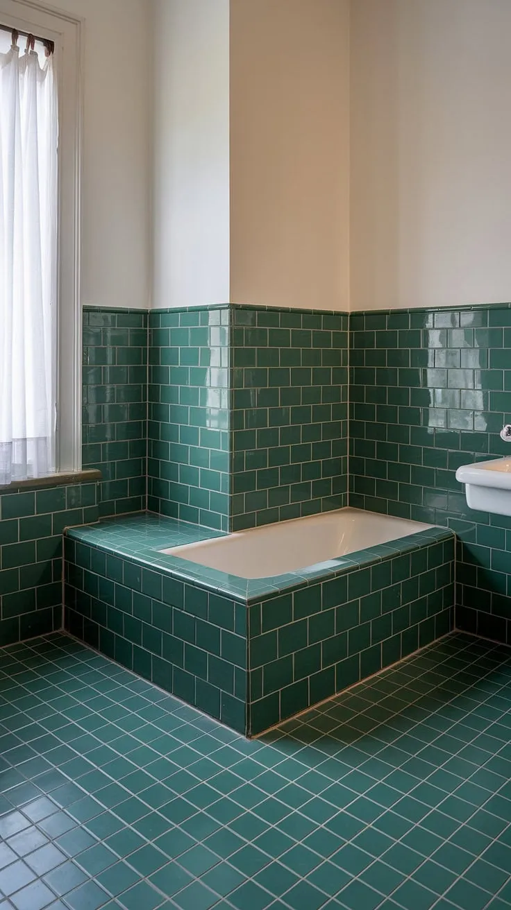 A serene escape: This tile wainscoting bathroom features gorgeous green tile, from the floor to the halfway point on the walls. The green tile bathroom is finished with crisp white tile above, creating a calming and stylish space.