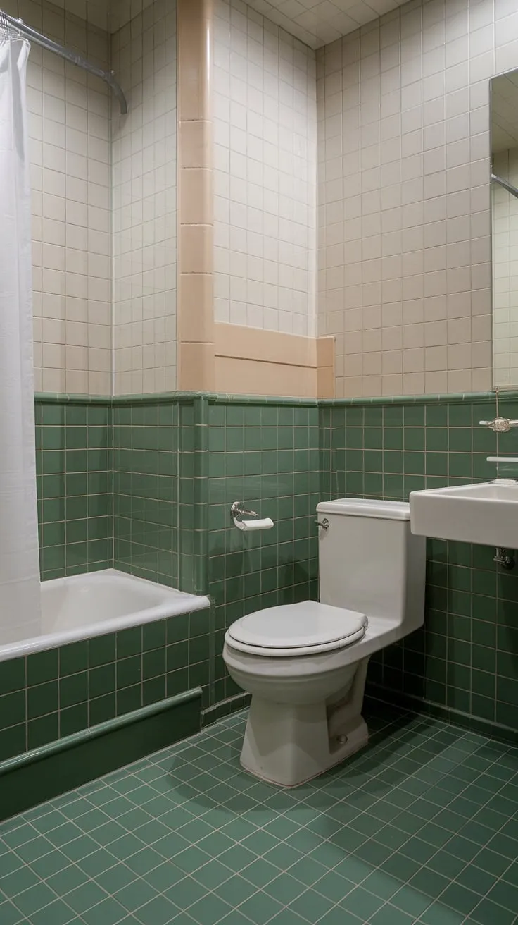 Step into serenity with this stunning tile wainscoting bathroom. The vibrant green bathroom tiles and coordinating bathroom floor tiles create a spa-like retreat, perfectly complemented by the crisp white fixtures and subtle tile trim.